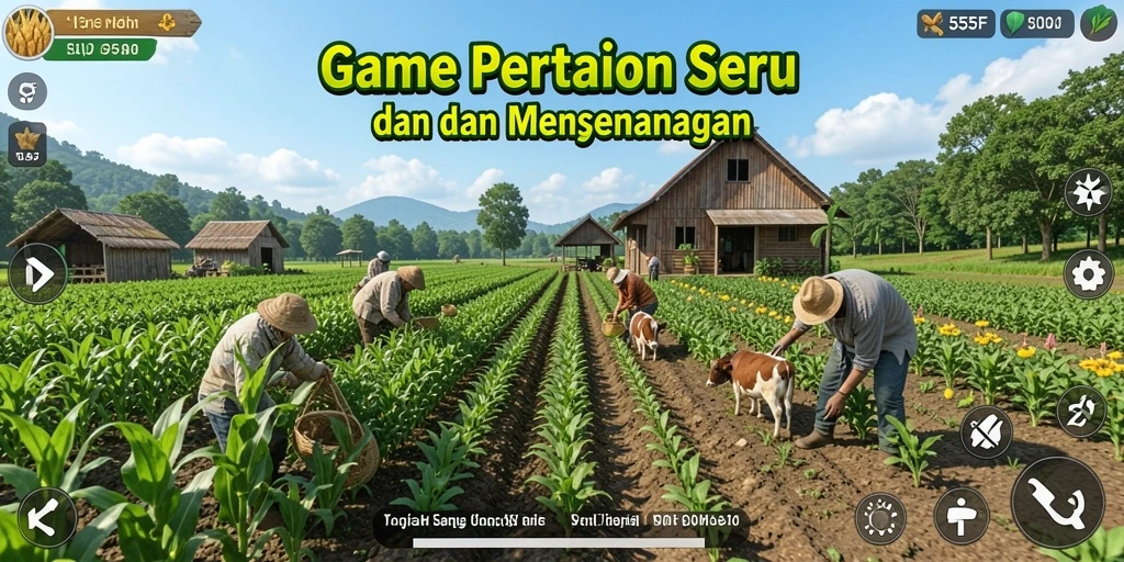 Tampilan gameplay 555F yang menarik dengan ladang yang subur dan hewan ternak.
