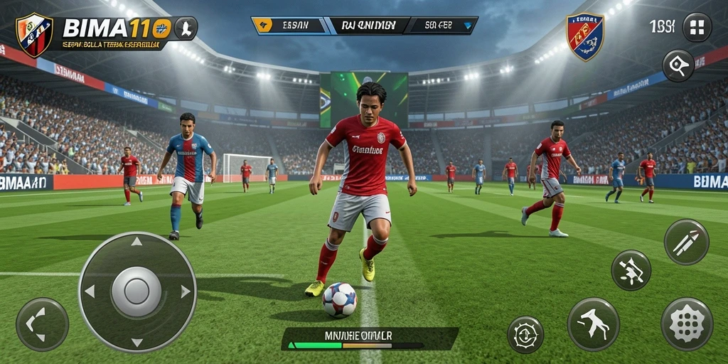 Tampilan gameplay BIMA11 yang mendebarkan di lapangan sepak bola.