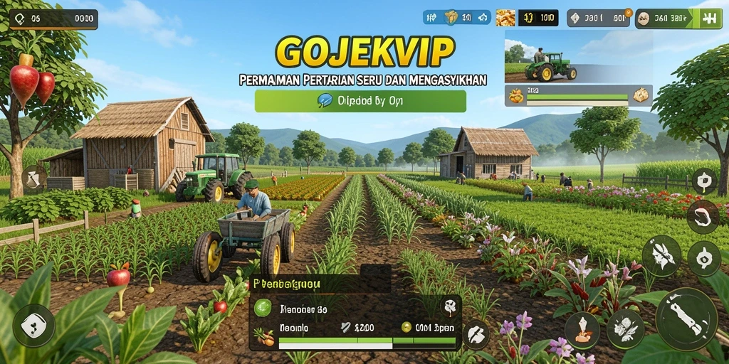 Tangkapan layar aksi pertanian di GOJEKVIP yang menampilkan ladang subur dan tanaman yang berwarna-warni.